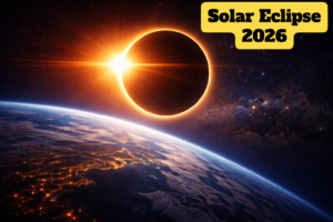 Solar Eclipse 2026 Ring of Fire view with safety glasses and sun partially covered