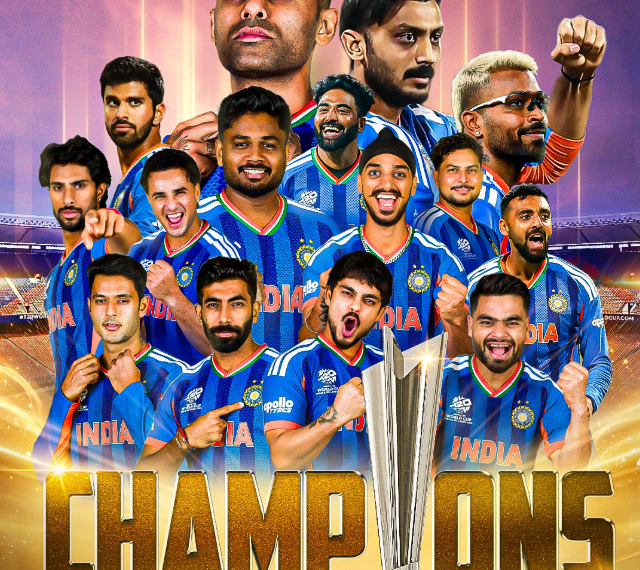 India celebrating T20 World Cup 2026 final win against New Zealand at Narendra Modi Stadium