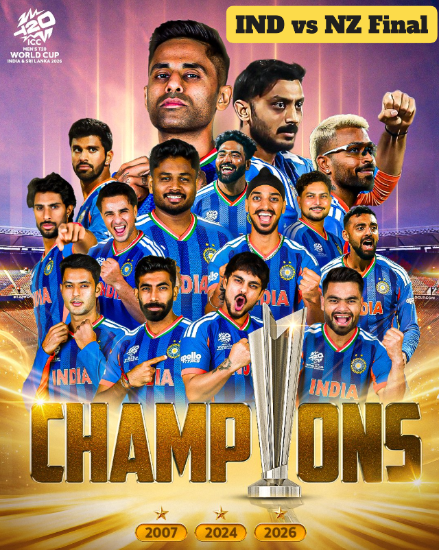 India celebrating T20 World Cup 2026 final win against New Zealand at Narendra Modi Stadium